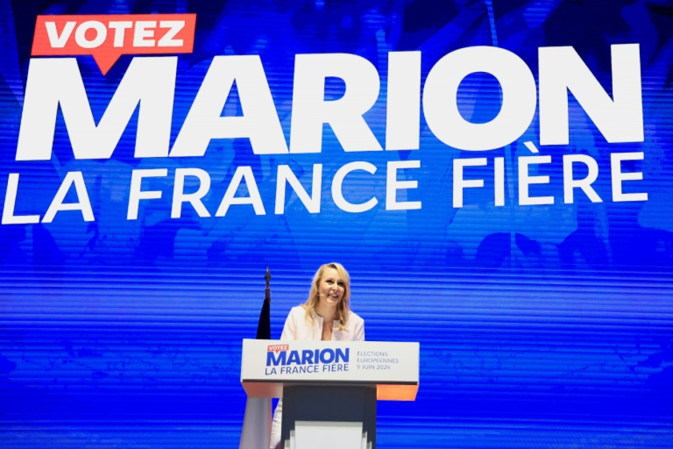 Marion Maréchal, tête de liste de Reconquête! aux européennes, lors de son dernier meeting de campagne, le 5 juin 2024 à Nice, dans les Alpes-Maritimes © Valery HACHE