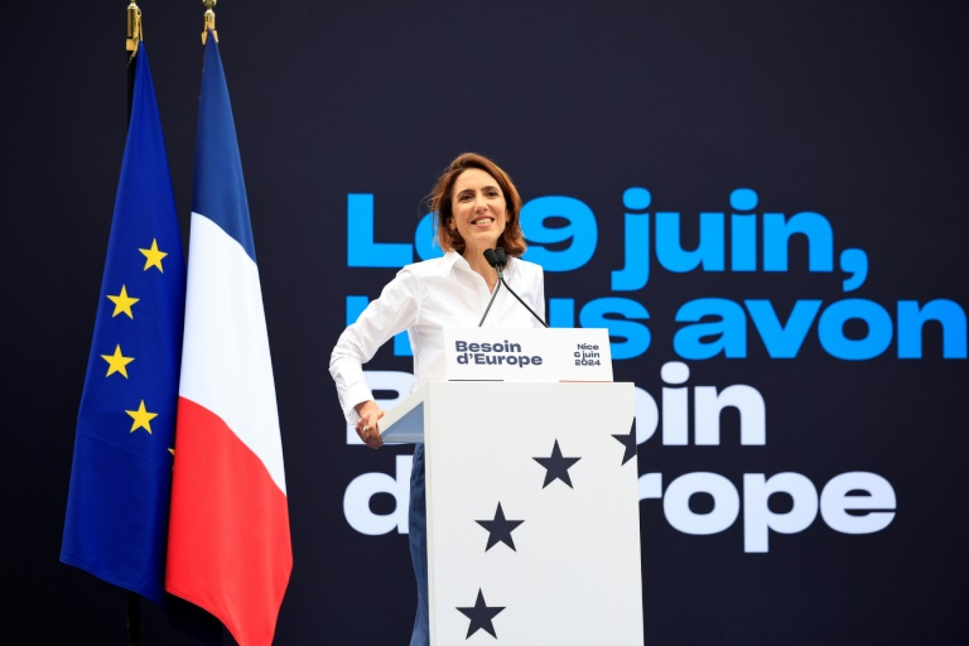 La candidate aux élections européennes Renaissance, Modem et Horizons, Valerie Hayer, lors d'un discours le 6 juin 2024, à Nice © Valery HACHE