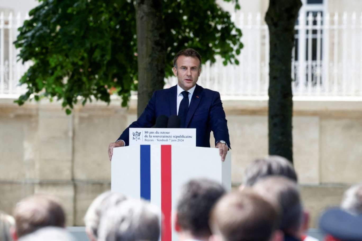 Le président de la République Emmanuel Macron à Bayeux, dans le Calvados, le 7 juin 2024 © Benoit Tessier