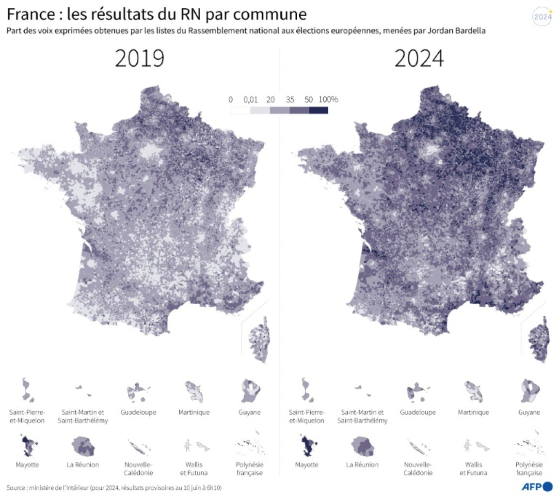 Part de voix exprimées obtenues par le RN dans chaque commune en France, lors des élections européennes de 2019 et 2024 (résultats provisoires au lundi 10 juin à 6h10) © Paz PIZARRO