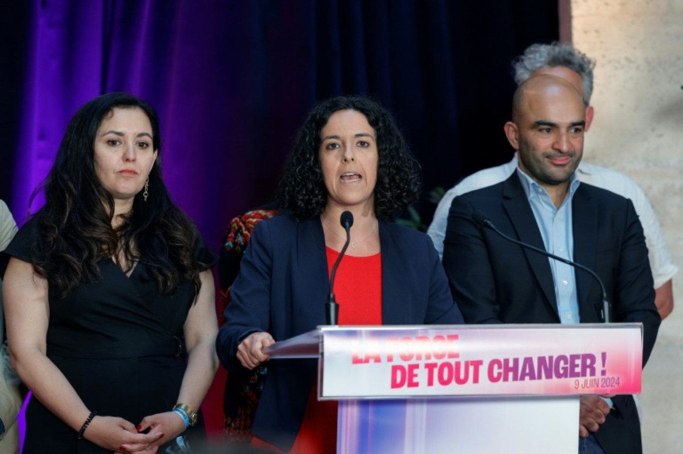 La tête de liste LFI aux élections européennes Manon Aubry s'exprime, le 9 juin 2024 à Paris © Geoffroy VAN DER HASSELT