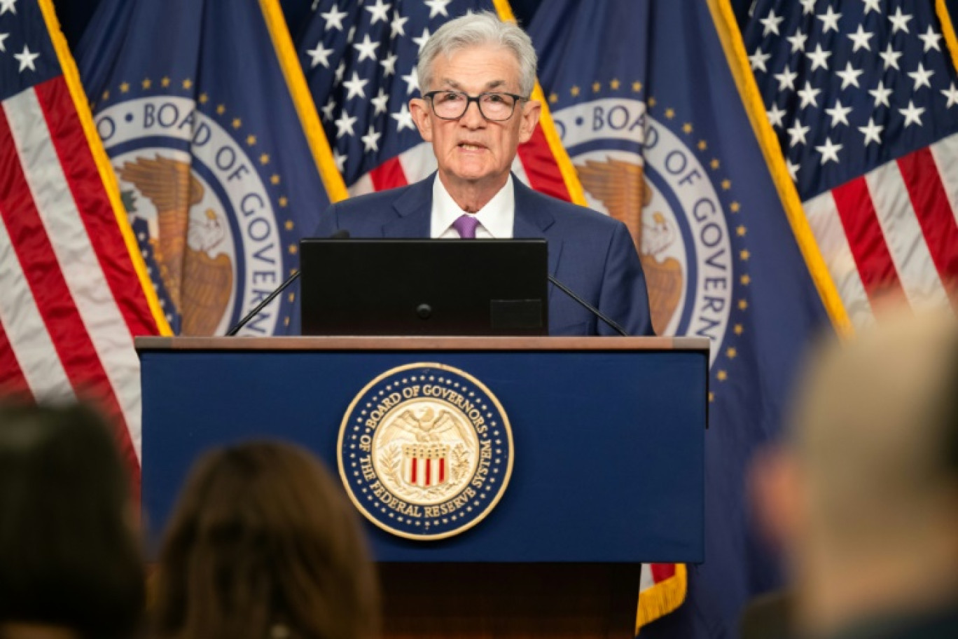 Le président de la Fed Jerome Powell lors d'une conférence de presse à Washington le 12 juin 2024 © Brendan SMIALOWSKI