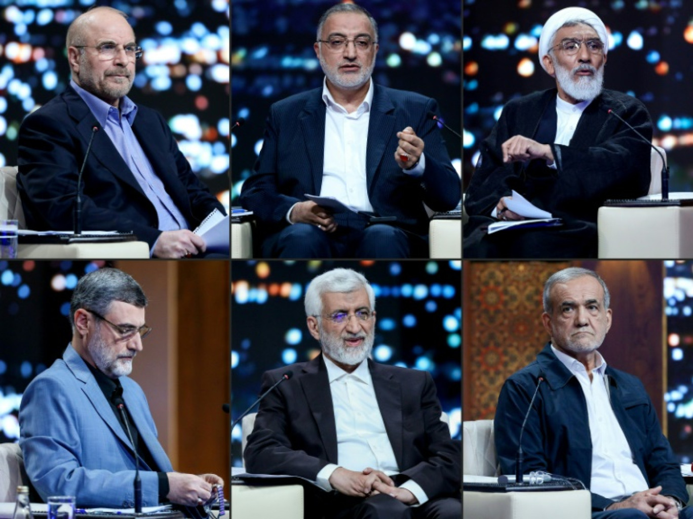 (Ce combo créé le 18 juin 2024 à partir d'images fournies par la République islamique d'Iran montre les candidats à la présidentielle (de g à d) Mohammad Bagher Ghalibaf, Alireza Zakani, Mostafa Pourmohammadi, Masoud Pezeshkian, Saeed Jalili et Amirhossein Ghazizadeh-Hashemi pendant un débat au studio de la télévision d'État à Téhéran, le 17 juin 2024 © MORTEZA FAKHRINEJAD