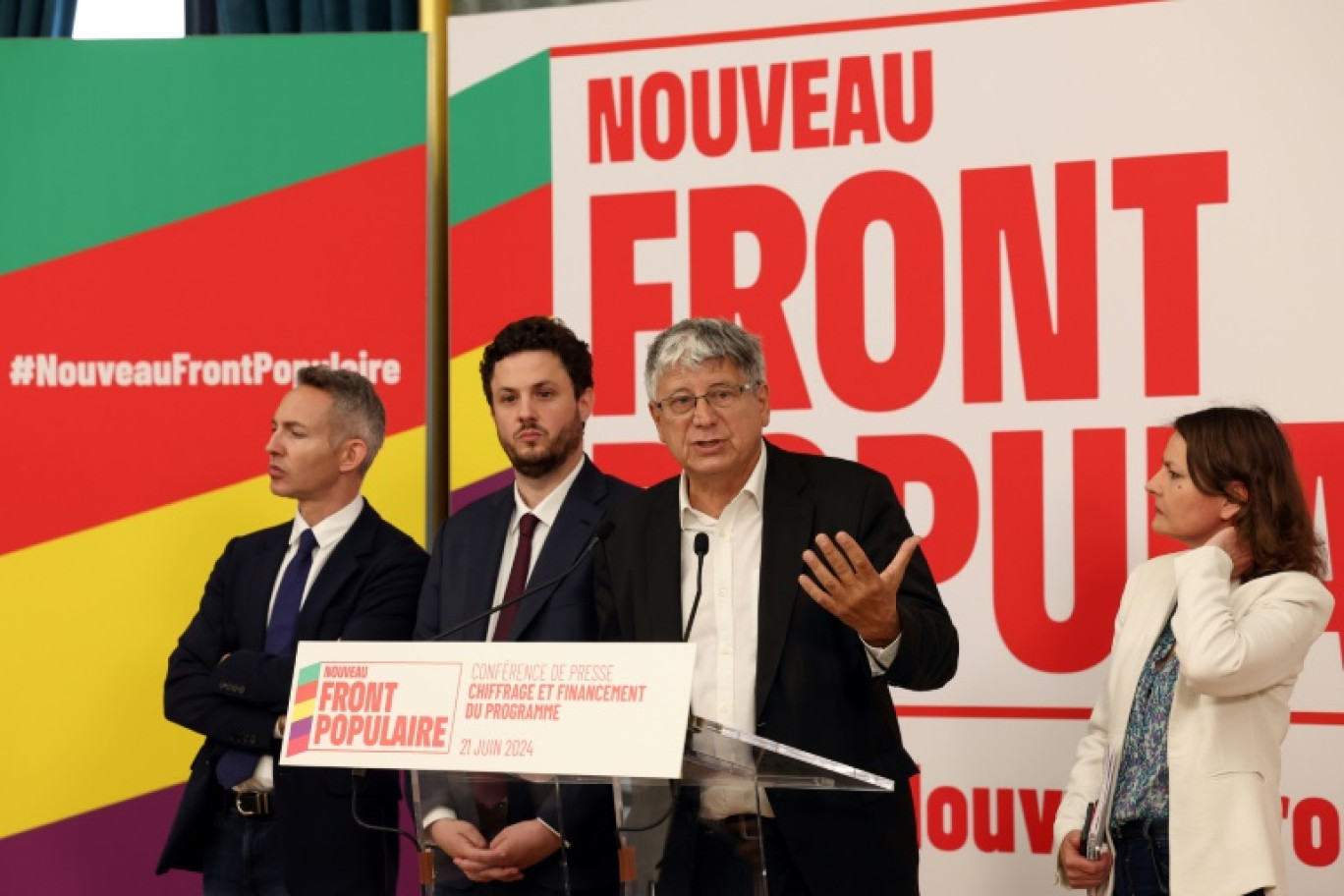 (g-d) Les représentants du Nouveau Front populaire, Ian Brossat (PCF), Alexandre Ouizille (PS), Eric Coquerel (LFI) et Eva Sas (EELV), le 21 juin 2024 à Paris © Emmanuel Dunand