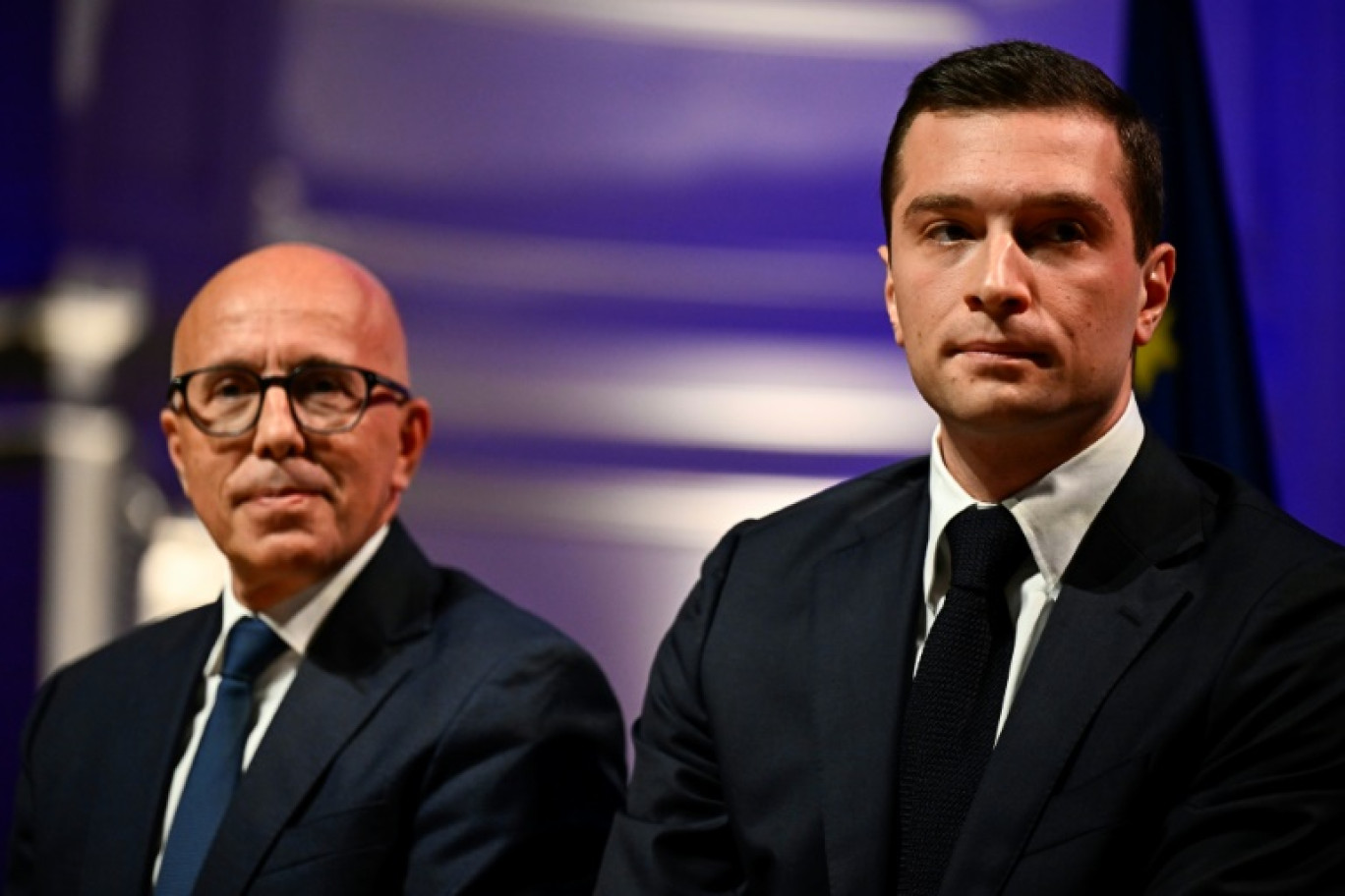 Le président du RN, Jordan Bardella (d) et le président des Républicains (LR) lors d'une réunion avec le Medef, le 20 juin 2024 à Paris © JULIEN DE ROSA