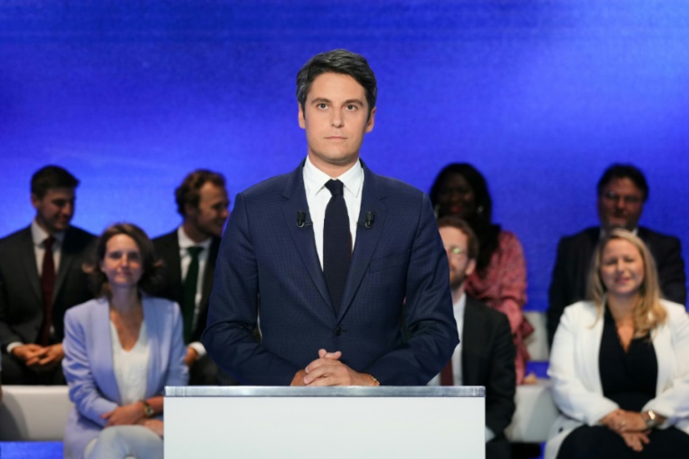 Débat télévisé entre Jordan Bardella (g, Rassemblement national), le Premier ministre Gabriel Attal (c, Renaissance) et Manuel Bompard (La France insoumise), à Boulogne-Billancourt le 25 juin 2024 © Dimitar DILKOFF