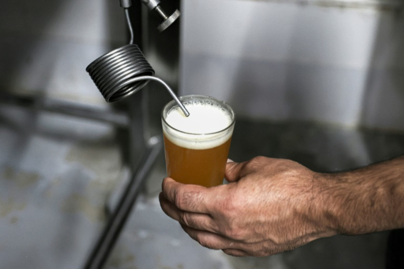 Un Palestinien teste une bière à la brasserie de Taybeh en Cisjordanie occupée, le 24 juin 2024 © JAAFAR ASHTIYEH