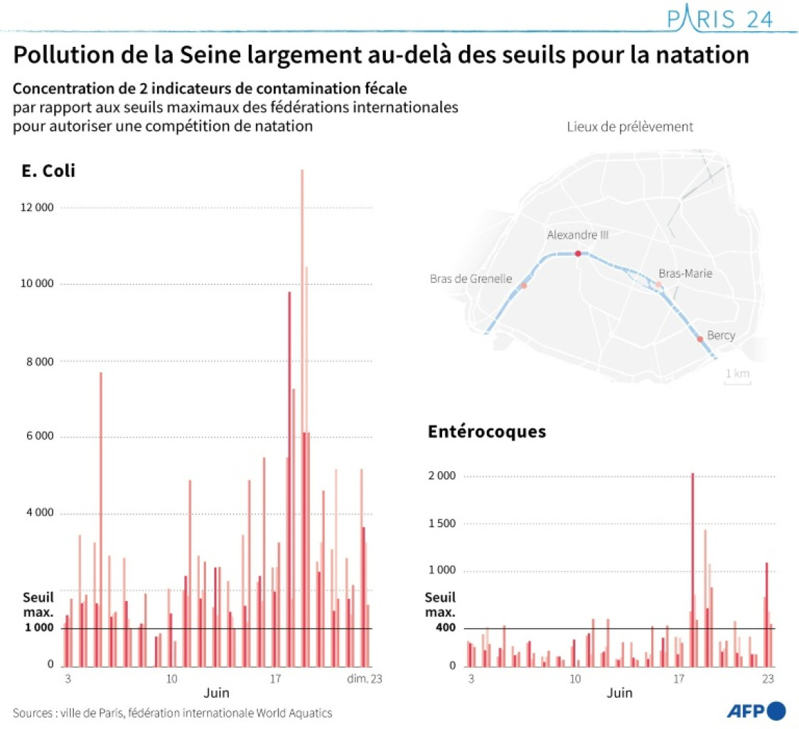 Concentration en E. coli et entérocoques, deux indicateur de contamination fécale, sur 4 points de surveillance de la Seine parisienne, en juin 2024, selon les données de la mairie de Paris © Sabrina BLANCHARD