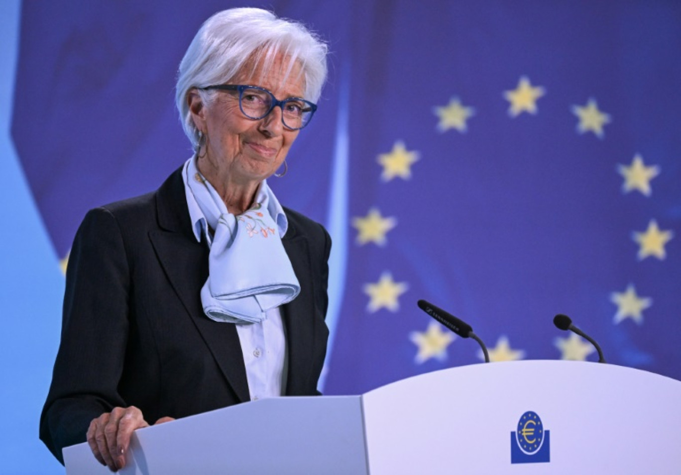 La présidente de la Banque centrale européenne (BCE) Christine Lagarde, lors d'une conférence de presse à Francfort, le 11 avril 2024 © Kirill KUDRYAVTSEV