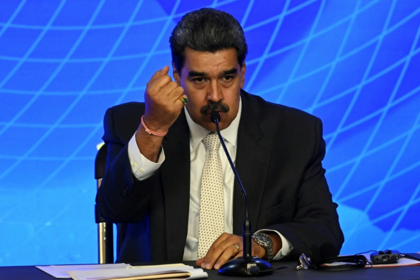 Le président vénézuélien Nicolas Maduro lors d'un point de presse au palais présidentiel de Miraflores à Caracas, le 12 juin 2023 © YURI CORTEZ