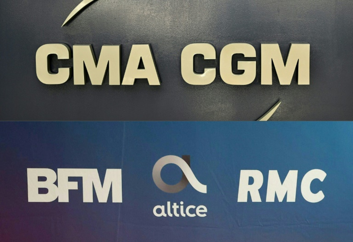 Combinaison créée le 24 mars 2024 des logos de l'armateur CMA CGM et d'Altice Media, maison mère de la chaîne de télévision BFMTV et de la radio RMC © Nicolas TUCAT