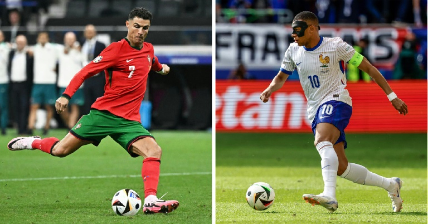 Combo créé le 3 juillet 2024: le Portugais Cristiano Ronaldo (gauche) et le Français Kylian Mbappé, respectivement à Francfort et Düsseldorf le 1er juillet 2024, en Allemagne © Javier SORIANO