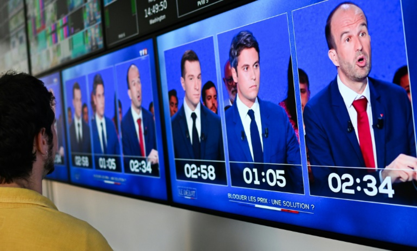 Débat entre le président du RN Jordan Bardella, le Premier ministre Gabriel Attal, et le député LFI Manuel Bompard sur TF1 le 25 juin 2024 avant les élections législatives anticipées © Stefano RELLANDINI