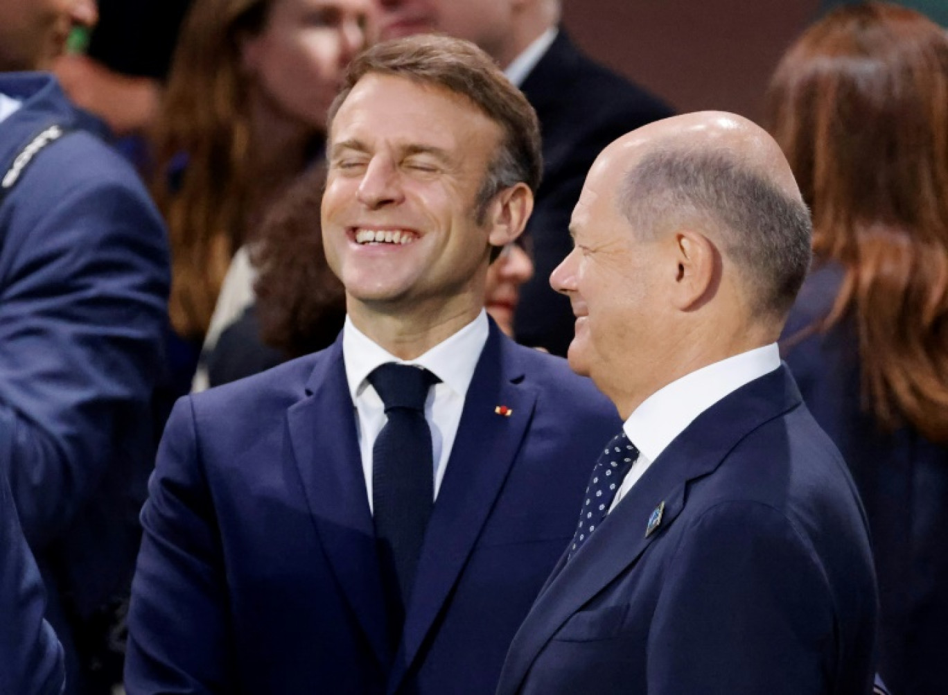 Le président français Emmanuel Macron et le chancelier allemand Olaf Scholz à un sommet de l'Otan à Washington, le 11 juillet 2024 © Ludovic MARIN