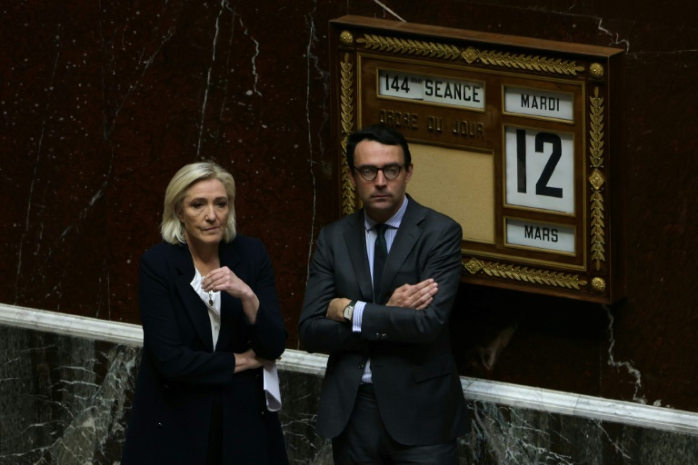 Marine Le Pen et Renaud Labaye à l'Assemblée nationale à Paris, le 12 mars 2024 © Thomas SAMSON