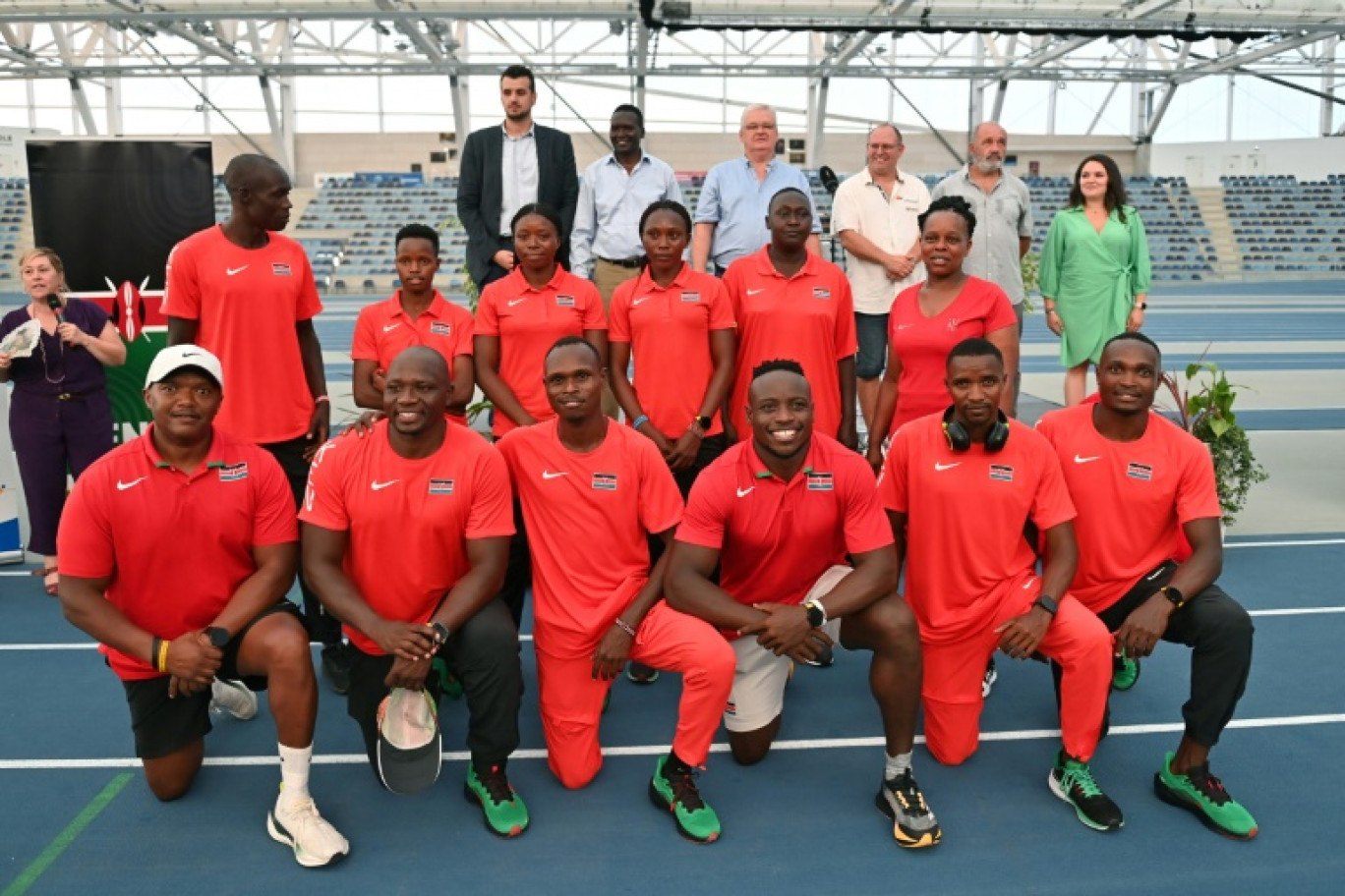 L'équipe d'athlétisme kenyane lors de la présentation des athlètes sélectionnés pour les Jeux Olympiques de Paris 2024 au stade Miramas Métropole, le 11 juillet 2024 à Miramas, dans les Bouches-du-Rhône © Sylvain THOMAS