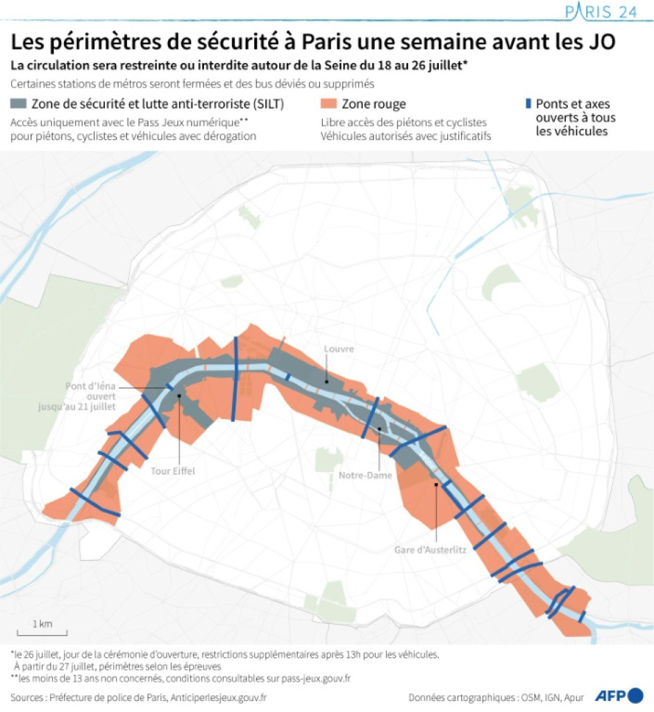 Carte de Paris montrant les deux périmètres de sécurité où la circulation sera soumise du 18 au 26 juillet (cérémonie d'ouverture) à des conditions particulières pour les engins motorisés, les piétons et les cyclistes © Paz PIZARRO