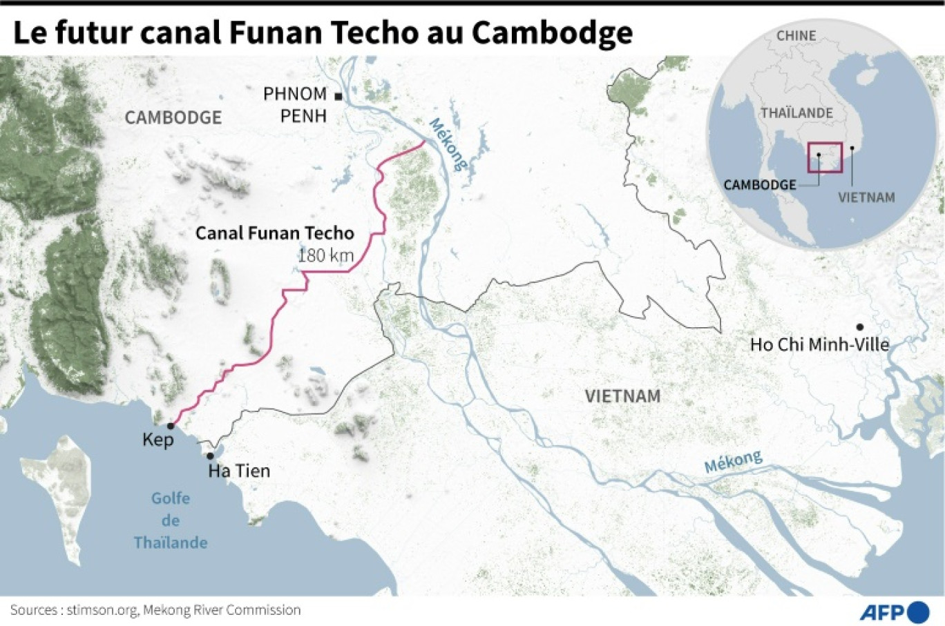 Carte montrant le tracé prévu du canal Funan Techo dans le sud du Cambodge, un projet d'infrastructure ambitieux qui doit relier le Mékong au golfe de Thaïlande © John SAEKI