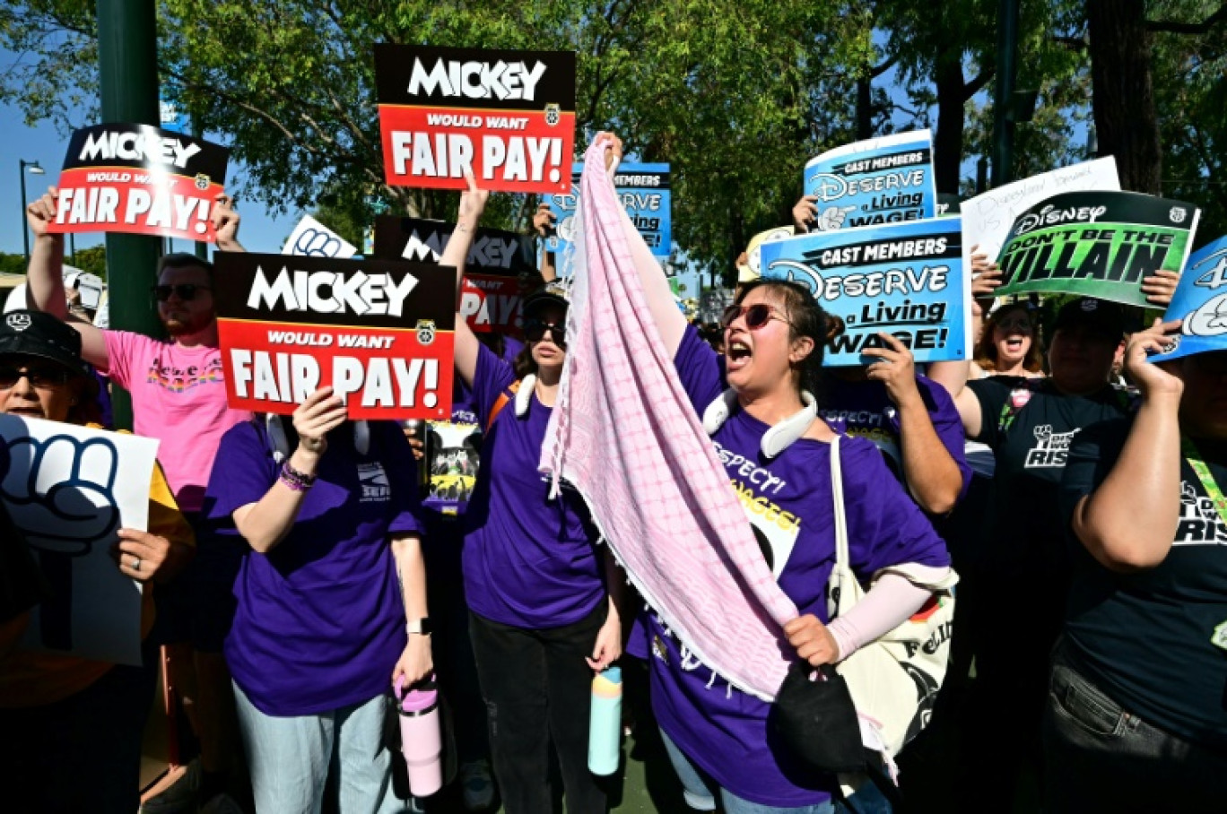 Des salariés de Disneyland manifestent aux abords du parc d'attractions à Anaheim, en Californie, le 17 juillet 2024 © Frederic J. Brown