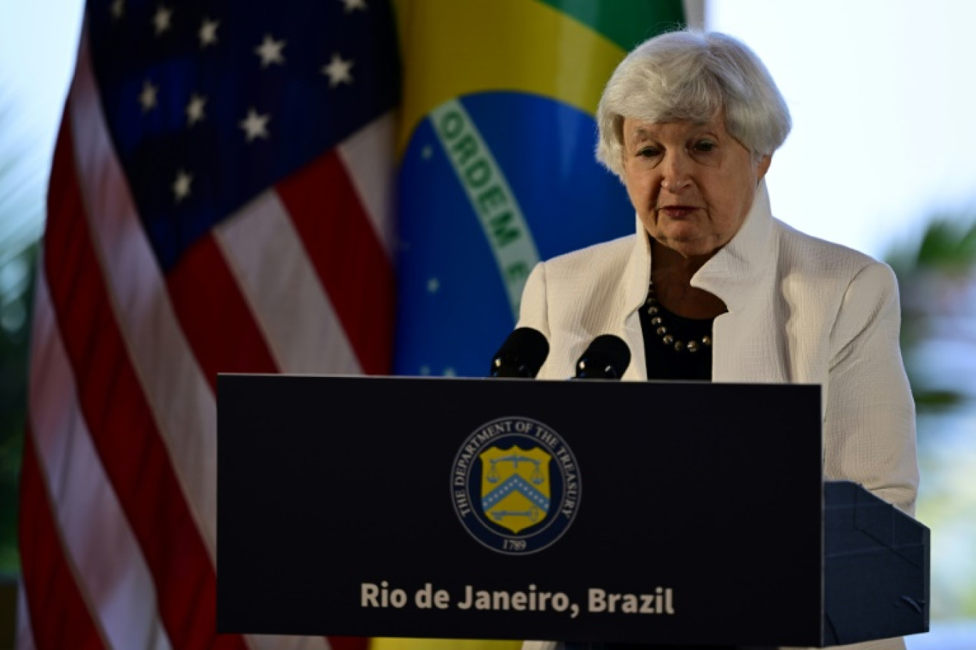 La secrétaire américaine au Trésor Janet Yellen, lors d'une conférence de presse à Rio de Janeiro, le 25 juillet 2024, à l'occasion d'un G20 Finances © Pablo PORCIUNCULA