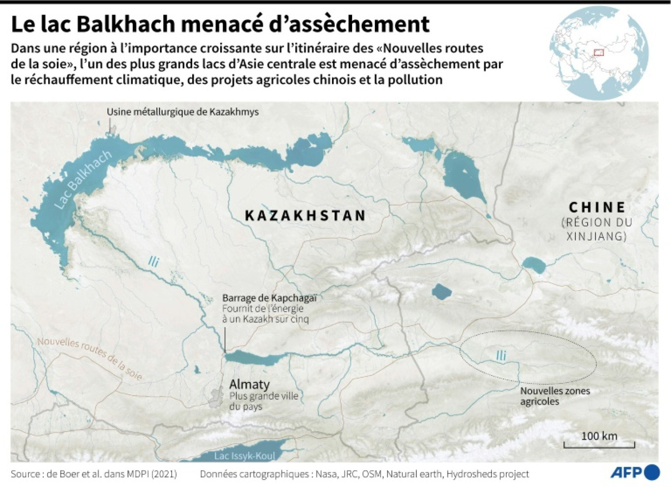 Carte de la région du lac Balkhach au Kazakhstan, montrant le lac et ses différents affluents dont la rivière Ili © Thierno TOURE