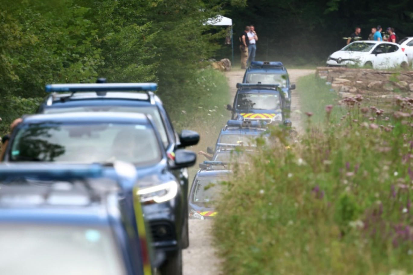 Des gendarmes participent aux recherches pour tenter de retrouver Lina, dans une forêt de Saulx (Haute-Saône, est de la France), le 8 août 2024 © FREDERICK FLORIN