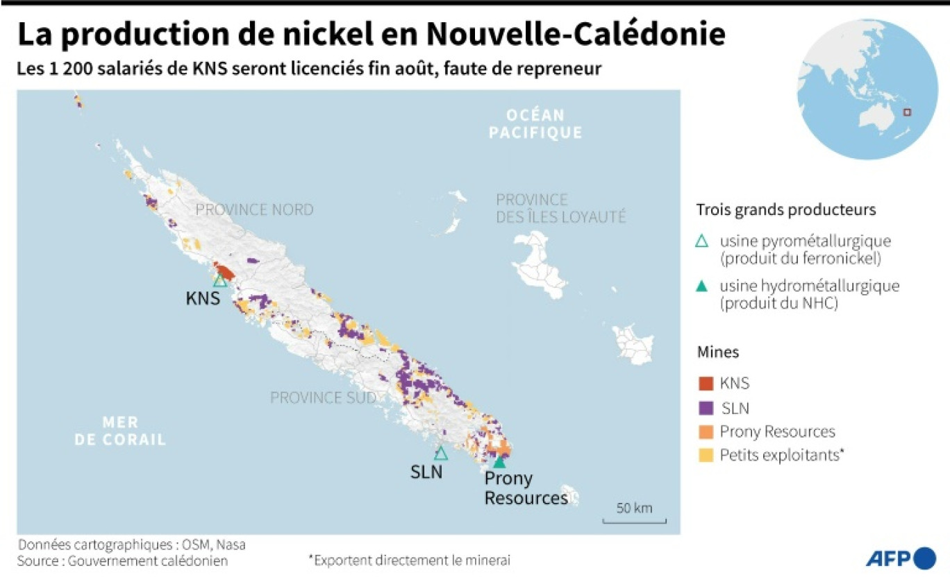 Carte montrant les sites d'extraction de nickel en Nouvelle-Calédonie où la production est dominée par les métallurgistes KNS, SLN et Prony (PNRC), dont les 3 usines sont en grandes difficultés. KNS licencie ses 1 200 salariés, faute de repreneur © Thierno TOURE