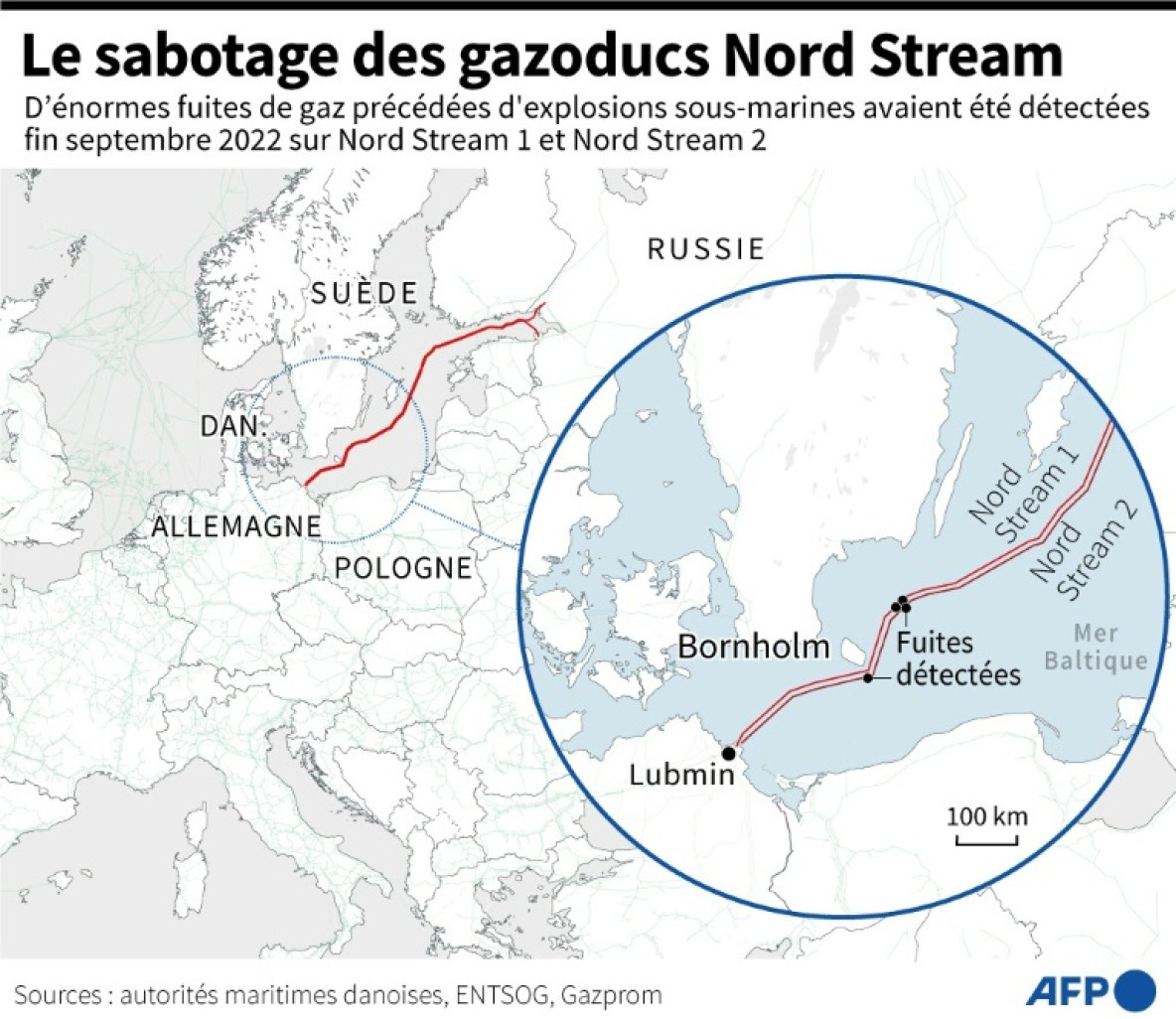 Carte montrant l'emplacement approximatif des fuites de gaz détectées sur les gazoducs Nord Stream 2 (26 et 29 septembre 2022) et Nord Stream 1 (27 septembre), entre la Russie et l'Allemagne © Enric BONET-TORRA