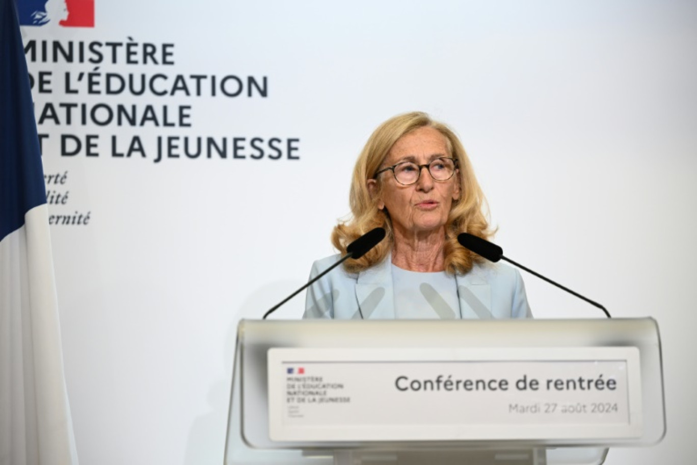 La ministre démissionnaire de l'Education nationale Nicole Belloubet lors d'une conférence de presse, le 27 août 2024 à Paris © Bertrand GUAY