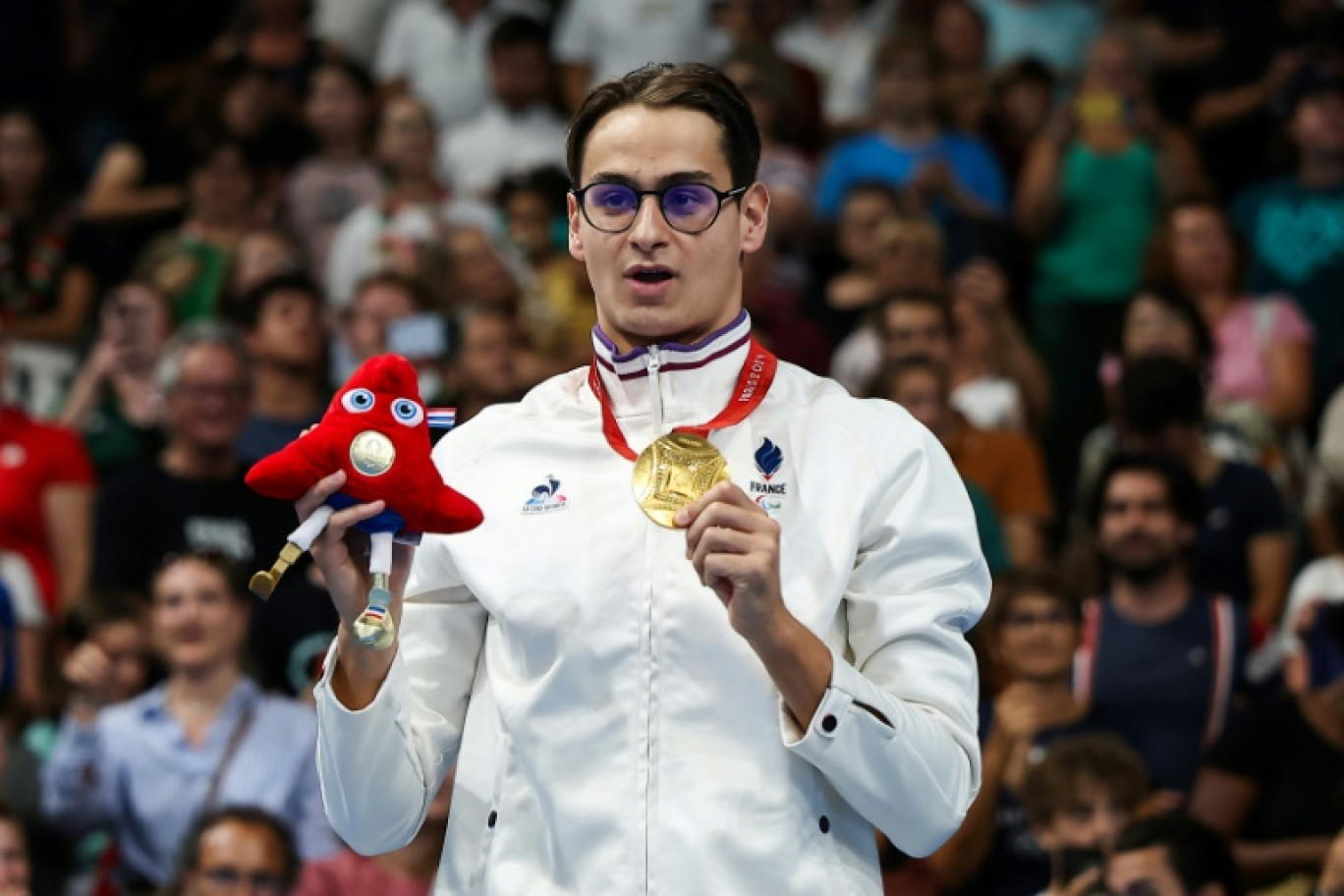 Le nageur français paralympique Ugo Didier, médaille d'or de l'épreuve de natation 400m nage libre lors des Jeux Paralympiques de Paris 2024 à l'Arena Paris La Défense,, le 29 août 2024 à Nanterre, près de Paris © FRANCK FIFE