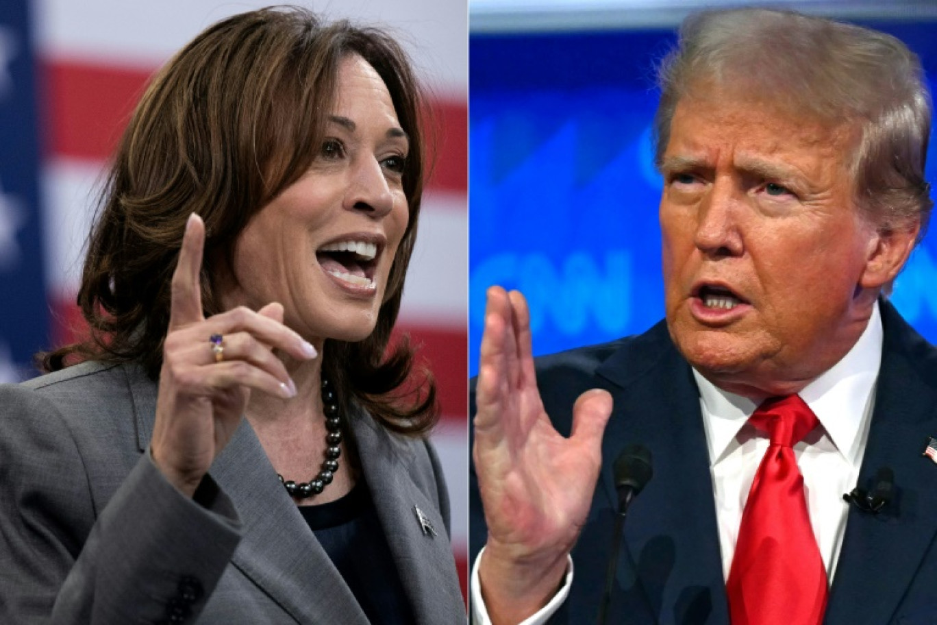 Montage photos du 3 août 2024 de Kamala Harris  et Donald Trump, candidats à la présidence américaine © Brendan Smialowski