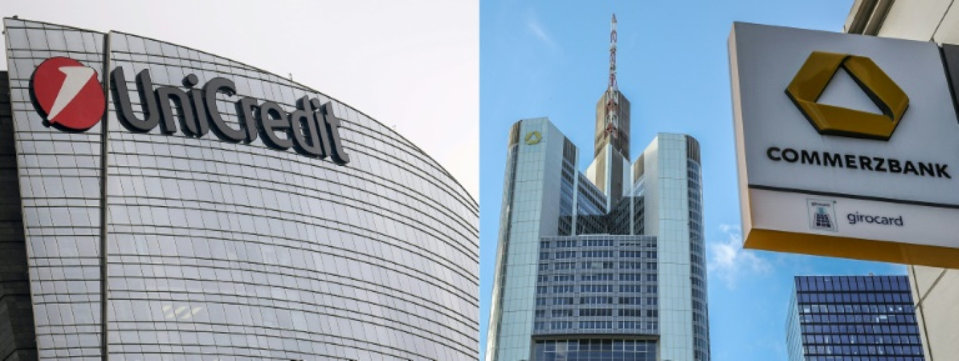 Logos de la banque italienne UniCredit (gauche) à Milan le 7 novembre 2017 et de l'allemande Commerzbank (droite) à Francfort le 4 février 2021. Combinaison créée le 11 septembre 2024 © MARCO BERTORELLO