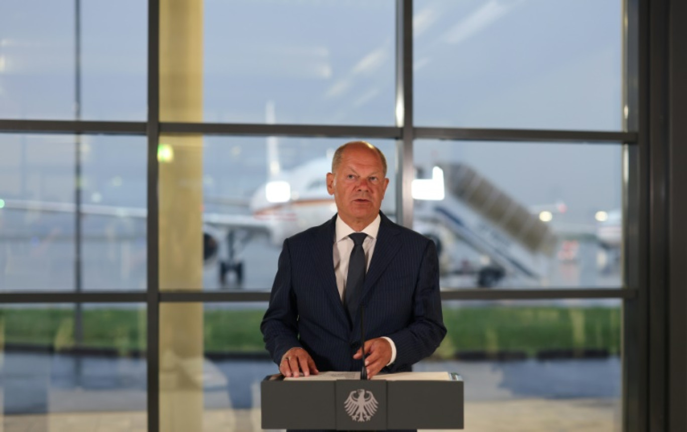 Le chancelier allemand Olaf Scholz lors d'une conférence de presse à l'aéroport international de Cologne/Bonn, à Cologne, en Allemagne, le 1er août 2024 © Christoph Reichwein