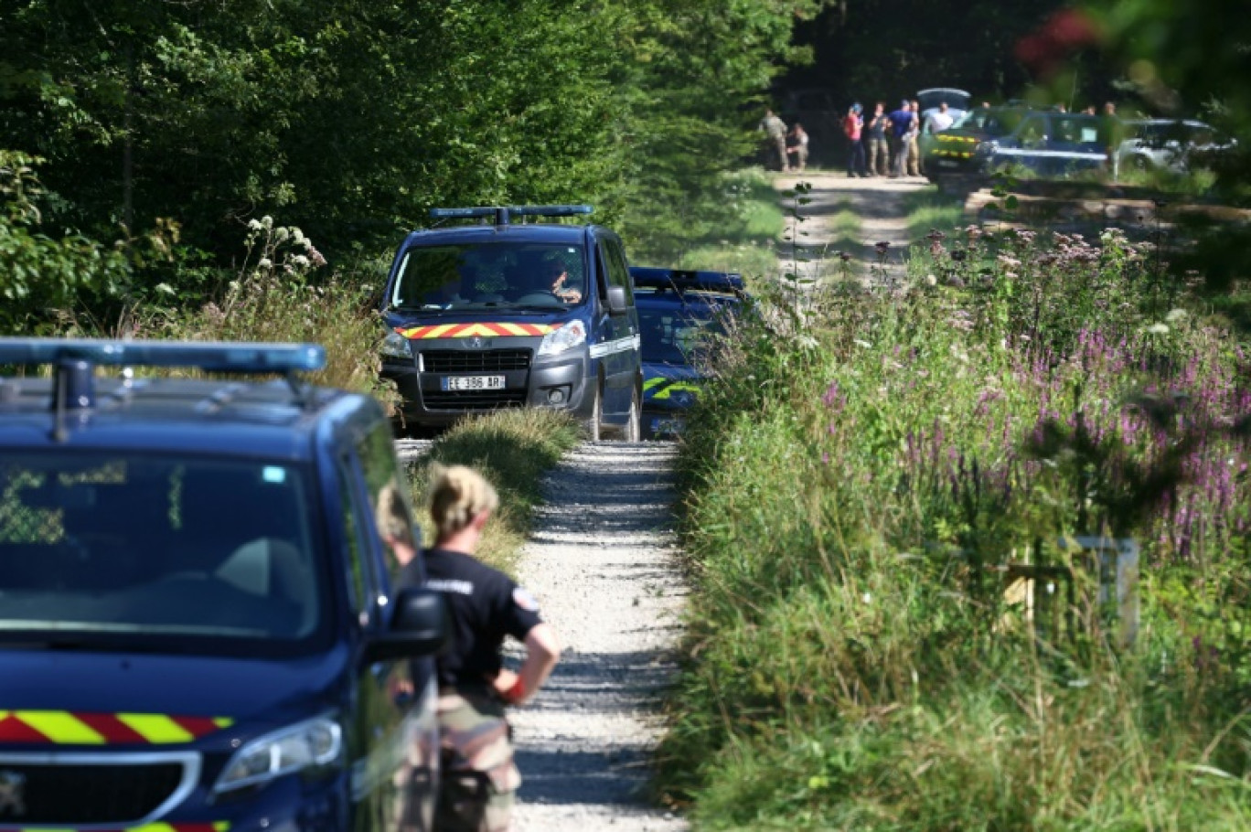 Des gendarmes participent aux recherches pour tenter de retrouver Lina, dans une forêt de Saulx (Haute-Saône, est de la France), le 8 août 2024 © FREDERICK FLORIN