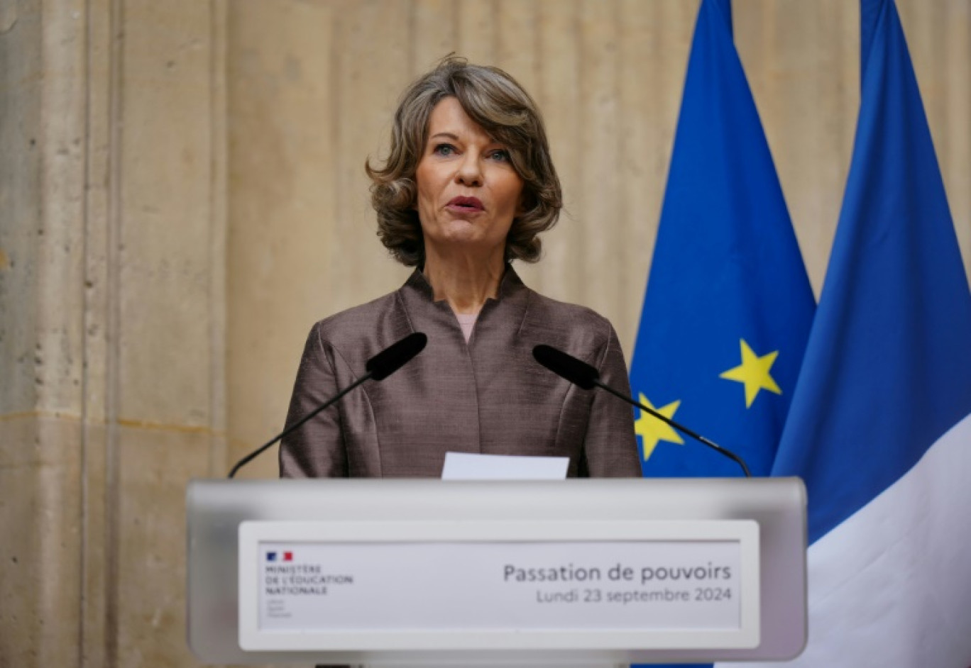 La nouvelle ministre de l'Education nationale, Anne Genetet, lors de la passation de pouvoirs au ministère de l'Education, le 23 septembre 2024 à Paris © Dimitar DILKOFF