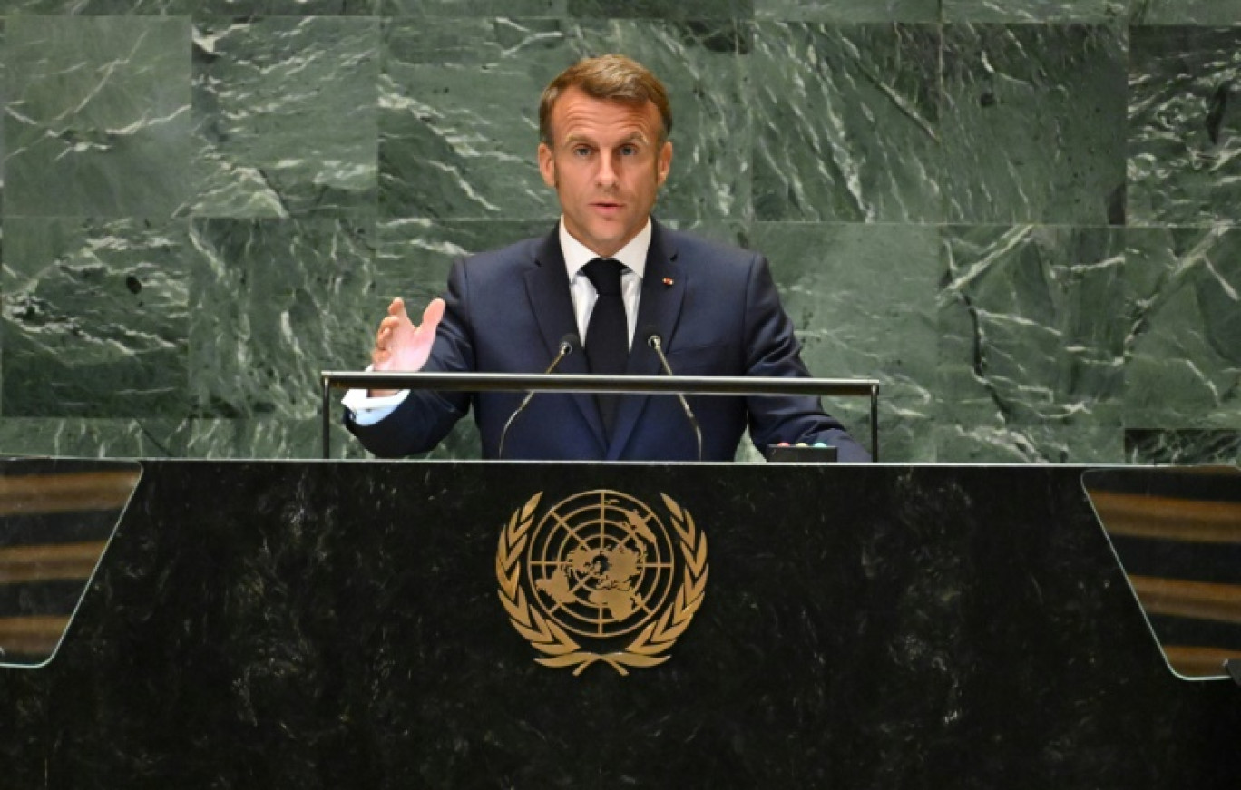 Le président Emmanuel Macron à l'Assemblée générale de l'ONU, le 25 septembre 2024, à New York, aux Etats-Unis © TIMOTHY A. CLARY