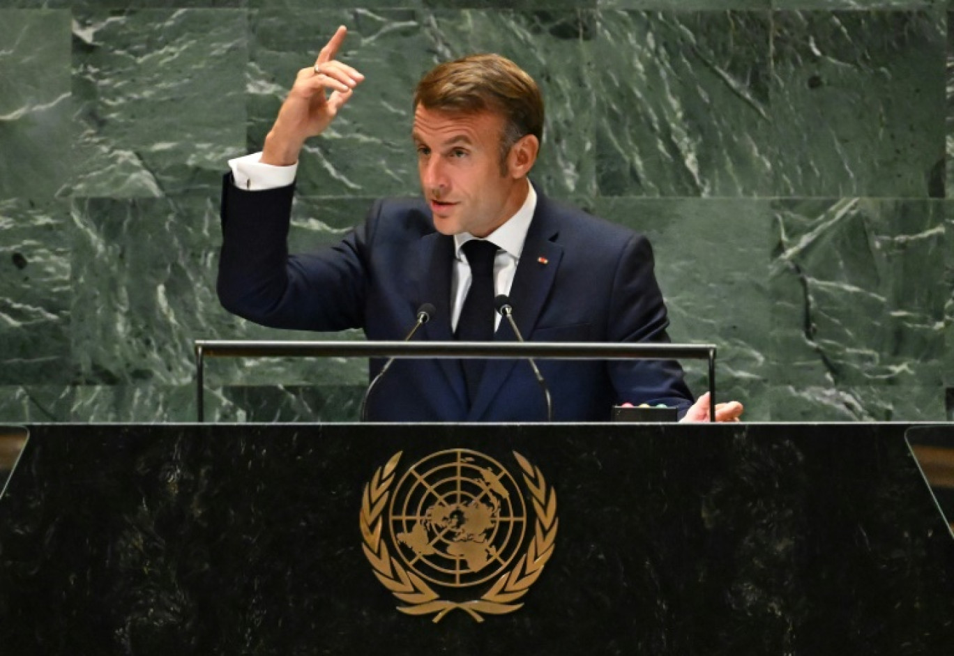 Le président français Emmanuel Macron devant l'Assemblée générale de l'ONU, le 25 septembre 2024 © TIMOTHY A. CLARY