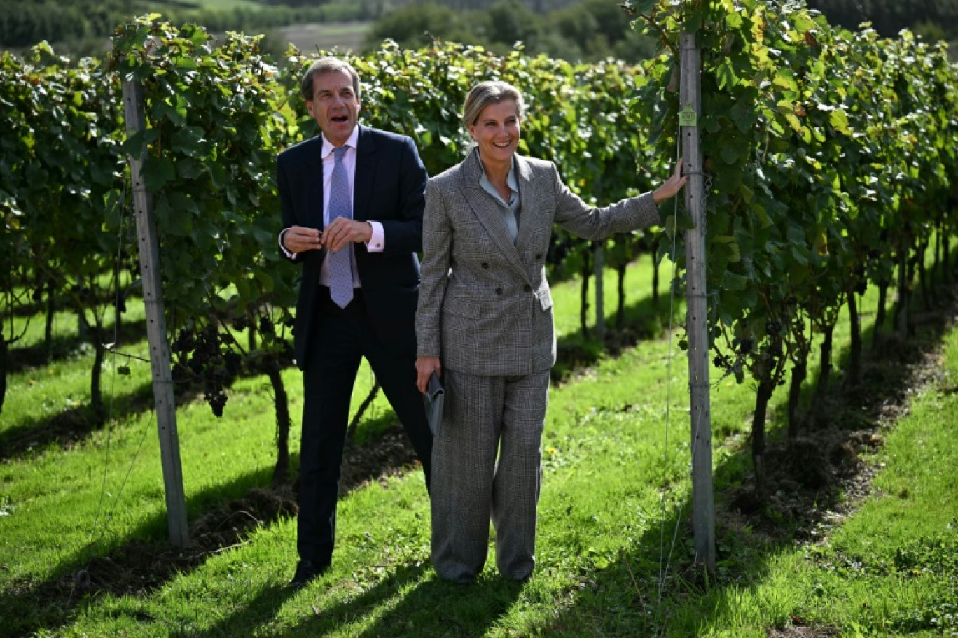 Le cofondateur du domaine d'Evremond, Patrick McGrath, et la duchesse d'Edimbourg Sophie à Chilham, le 26 septembre 2024 dans le sud-est de l'Angleterre © Ben STANSALL