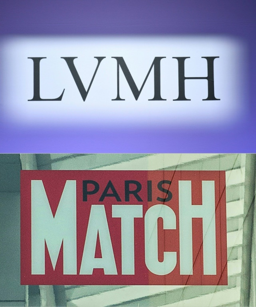 Logo du groupe de luxe LVMH (en haut) le 25 janvier 2024 à Paris et celui du magazine Paris Match, le 27 juin 2023 à Paris © STEPHANE DE SAKUTIN