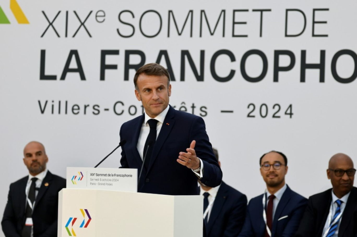 Le président français Emmanuel Macron pendant son discours de clôture du 19e Sommet de la Francophonie à Paris le 5 octobre 2024 © Ludovic MARIN