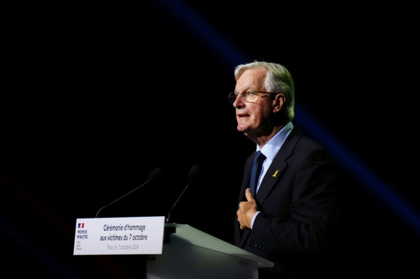 Le Premier ministre Michel Barnier s'exprime devant le Conseil représentatif des institutions juives de France (Crif) le 7 octobre 2024 © Dimitar DILKOFF