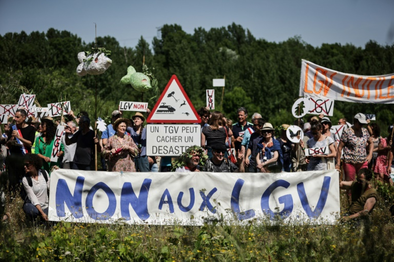 Rassemblement contre la construction de la ligne ferroviaire à grande vitesse (LGV) entre Bordeaux et Toulouse, près d'Ayguemorte-les-Graves (Gironde), le 3 juin 2023 © THIBAUD MORITZ