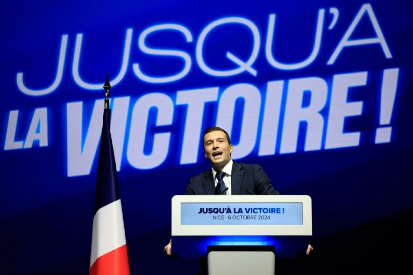 Le président du RN Jordan Bardella lors d'un meeting à Nice, le 6 octobre 2024 © Valery HACHE