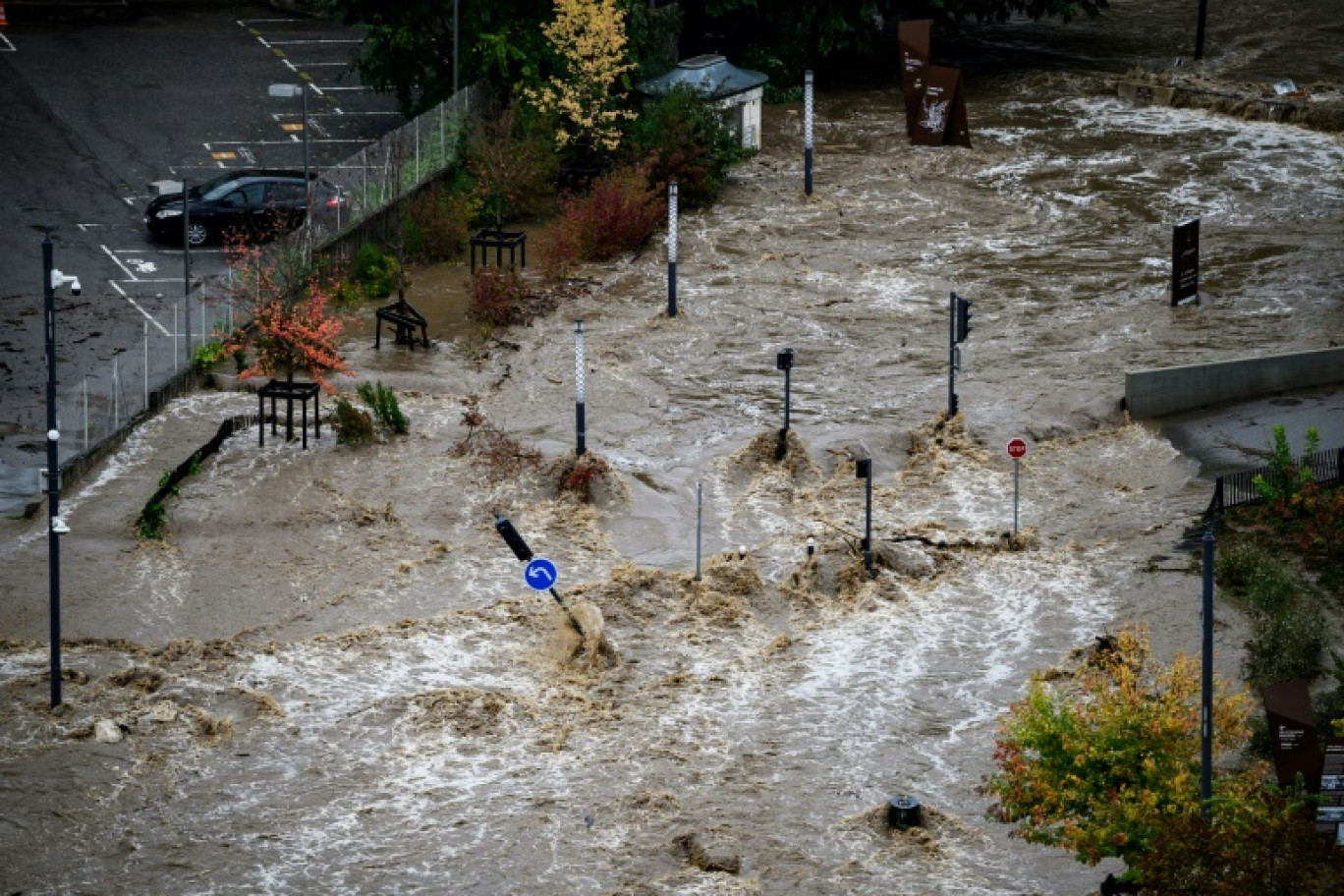 Une zone inondée suite à de fortes pluies, à Annonay, en Ardèche, le 17 octobre 2024 © JEFF PACHOUD