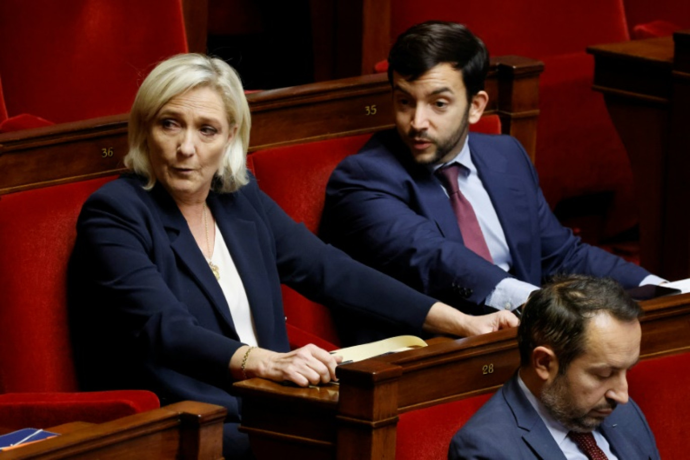 Marine Le Pen, présidente du groupe parlementaire du Rassemblement national (RN), et Jean-Philippe Tanguy, député RN, à l'Assemblée nationale, le 22 octobre 2024 à Paris © Ludovic MARIN