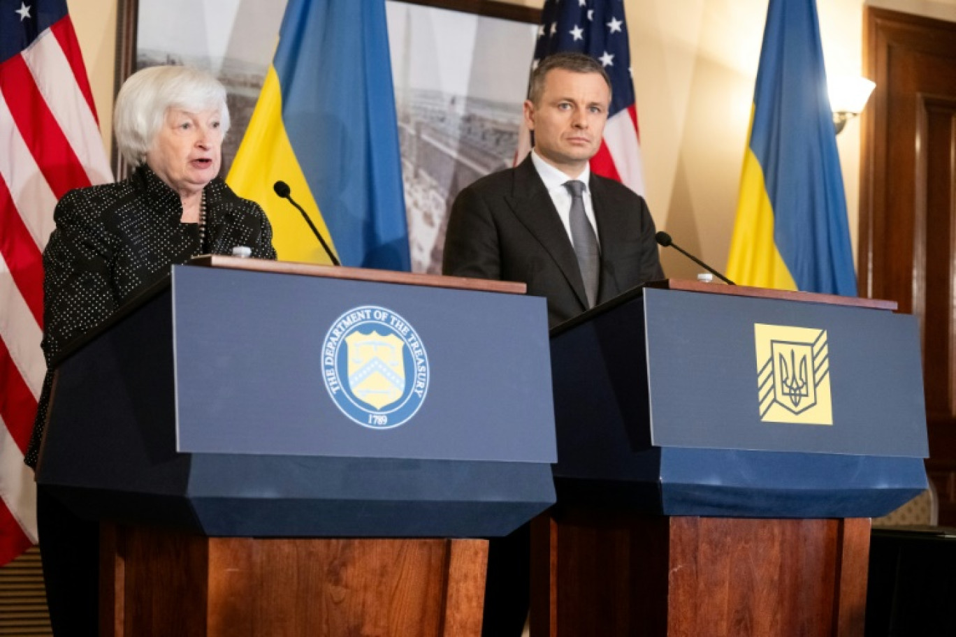 Janet Yellen et Sergii Marchenko au département du Trésor à Washington, le 23 octobre 2024 © SAUL LOEB