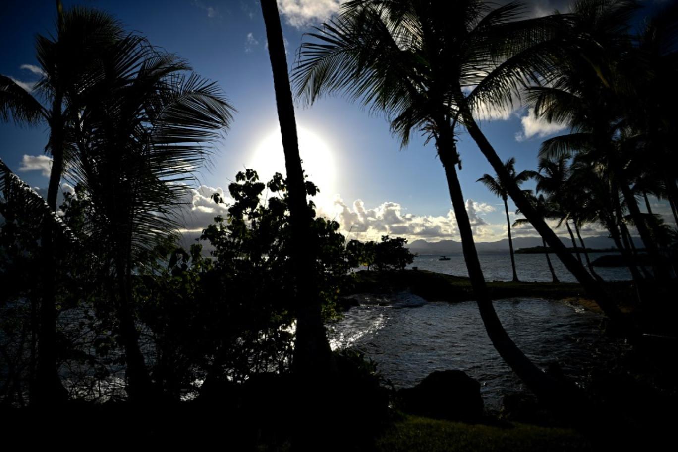 Le soleil se couche derrière les palmiers du Gosier, près de Pointe-à-Pitre, en Guadeloupe, le 22 novembre 2021 © Christophe ARCHAMBAULT