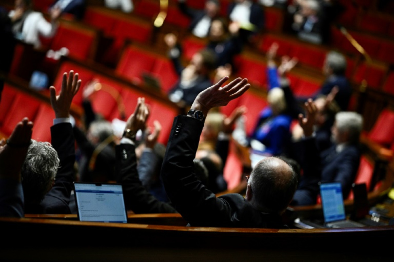 Des députés votent à main levée lors d'une séance de débat sur le projet de loi de finances 2025 à l'Assemblée nationale, à Paris, le 24 octobre 2024 © JULIEN DE ROSA