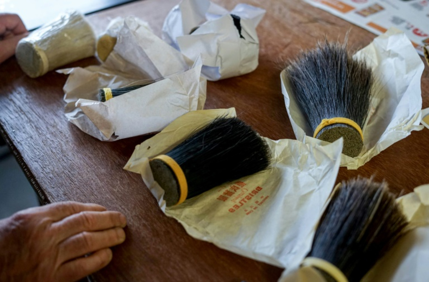 L'employée Brigitte Lambin prépare des matériaux de garnissage pour la fabrication de brosses à cheveux, pinceaux, balais et brosses techniques à l'atelier Brigaud SAS, dans le village d'Hermes, dans l'Oise, le 9 octobre 2024 © Charlotte DURAND