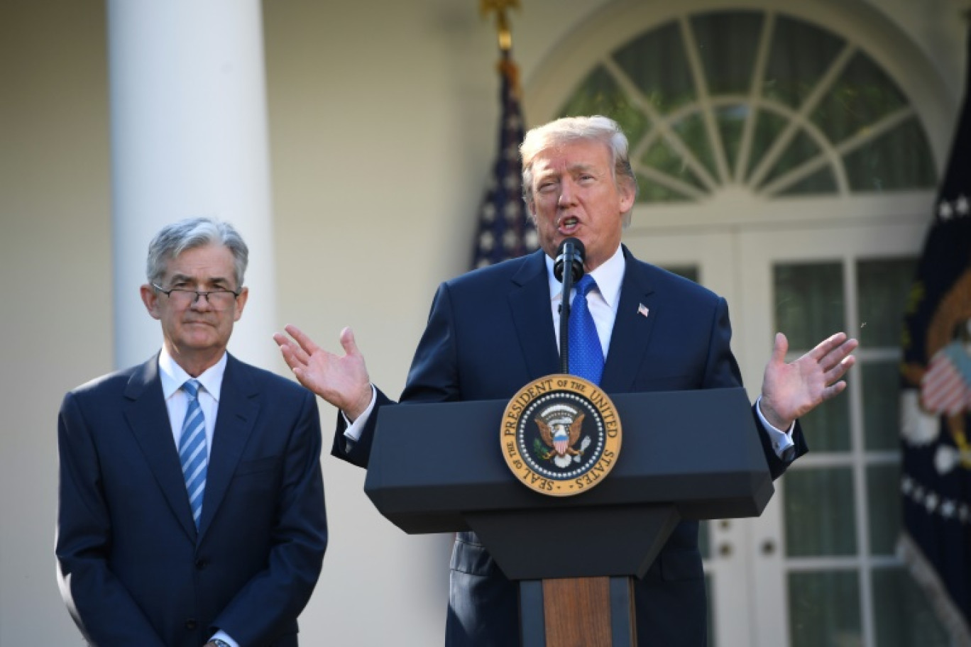 Jerome Powell avec Donald Trump à la Maison-Blanche, lors de l'annonce de sa nomination à la tête de la Fed, le 2 novembre 2017 à Washington © SAUL LOEB